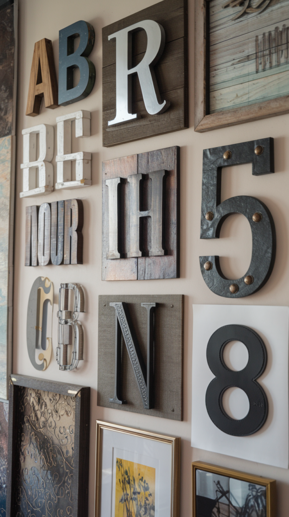 A thrifted gallery wall displaying letters and numbers well spaced out in different fonts and styles e.g. wood, metal, wrought iron, artwork, wall paper etc. layer the letters and numbers with other artwork or photos.