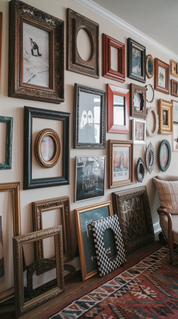 Gallery wall with an array of mismatched frames displaying artwork and plants in progress.