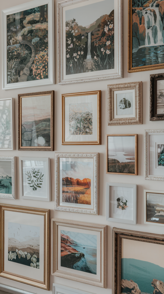 Thrifted Gallery wall featuring nature-inspired artwork with various landscapes and wildlife framed in different styles.