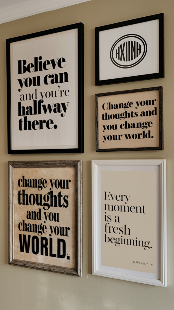 A thrifted  gallery wall with various framed quotes in different styles and colors.