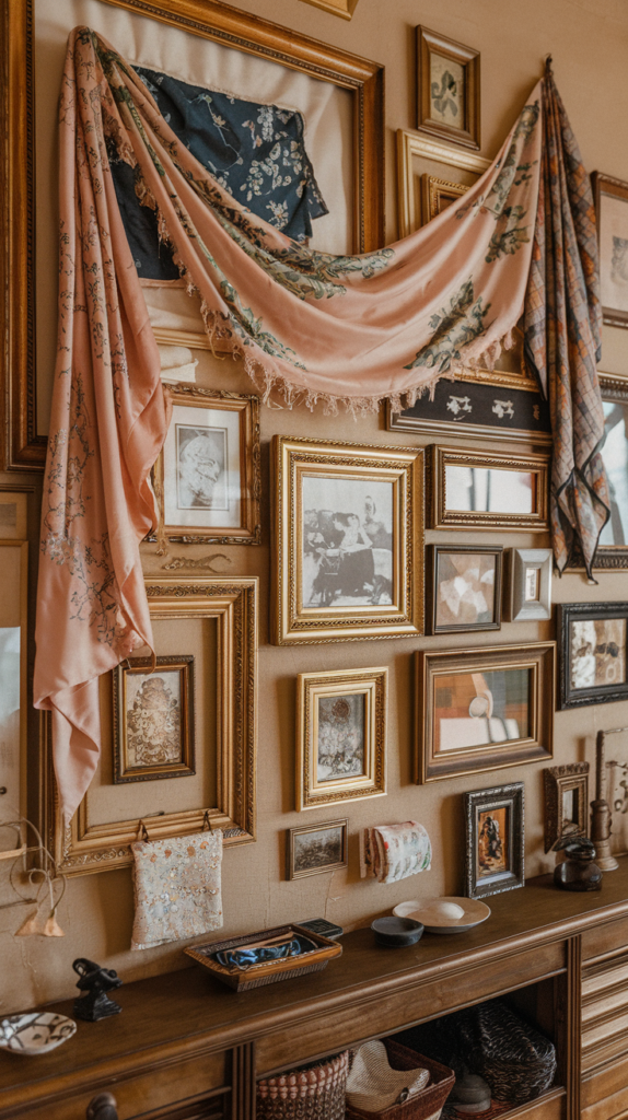 Thrifted Gallery Wall ideas showing a vintage gallery wall with  framed artwork or photographs layered with silk scarves, small table cloths and tiny quilts for an eclectic look.