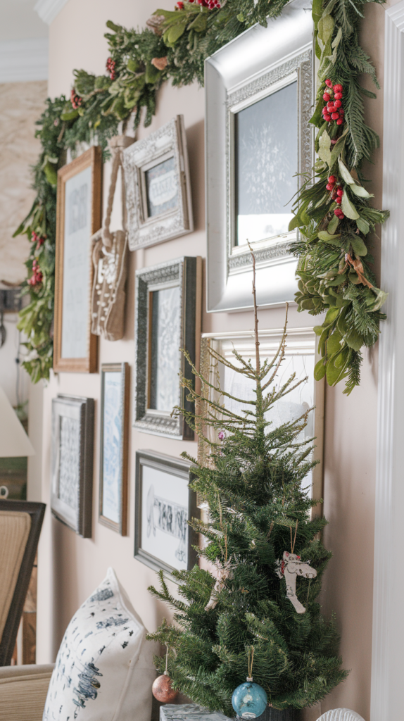A seasonal thrifted gallery wall featuring artwork, natural decor, and a small Christmas tree.