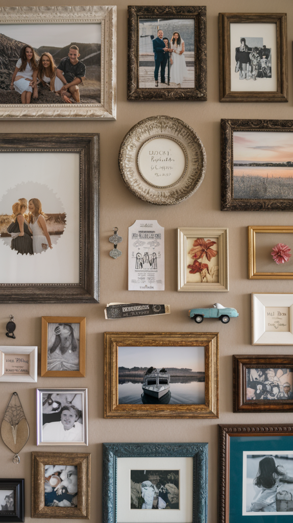 Gallery wall featuring a collection of framed family photos and memorable moments, complemented by decorative side tables.