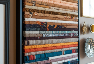 Thrifted Gallery Wall Ideas. Textures and fabric made into a design artwork and framed as part of a mixed frame and style gallery wall. The thrift store finds are beautifully displayed on the gallery wall alongside the textures and fabric artwork.