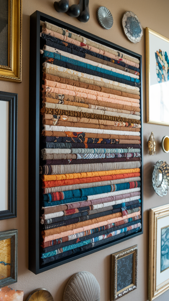 An artwork made with a colorful assortment of layered thrifted  fabrics in various textures and patterns as part of an eclectic thrifted gallery wall.