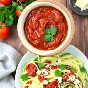 Low Carb Marinara sauce recipe in a bowl with keto zucchini noodles and low carb meatballs in a dish beside it. Delicious low carb keto healthy food.
