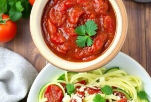 Low Carb Marinara sauce recipe in a bowl with keto zucchini noodles and low carb meatballs in a dish beside it. Delicious low carb keto healthy food.