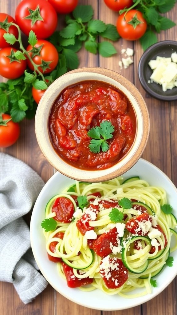 Low Carb Marinara sauce recipe in a bowl with keto zucchini noodles and low carb meatballs in a dish beside it. Delicious low carb keto healthy food.