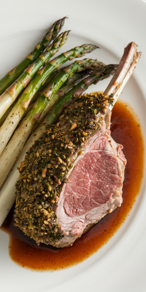 Herb crusted rack of lamb served with asparagus and low carb rich sauce