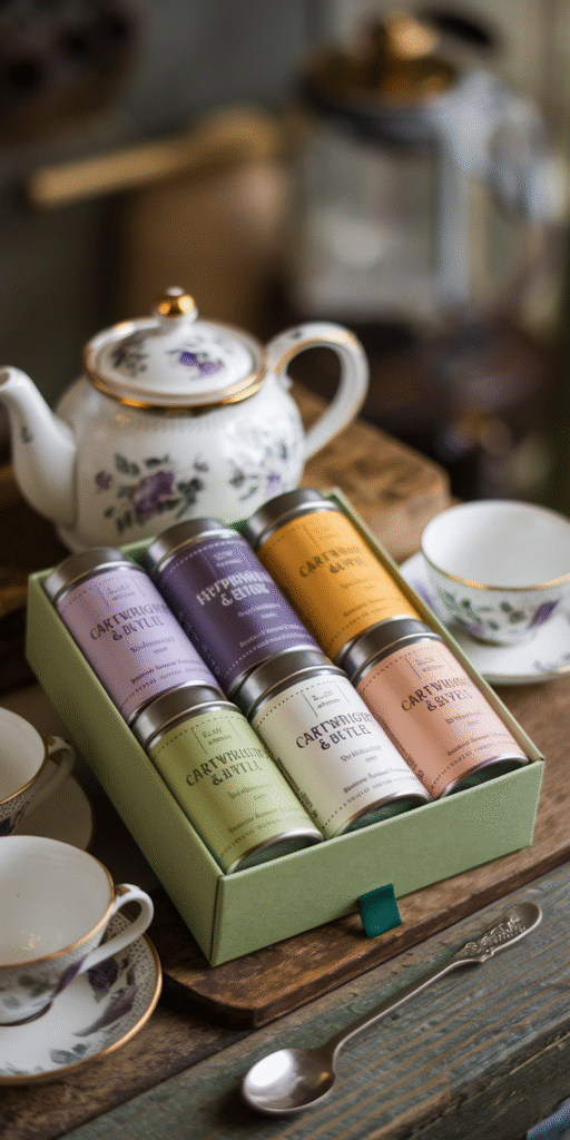 Mother's Day Gift Ideas including Artisan tea collection in a gift box with various tea flavors and a cup of tea.