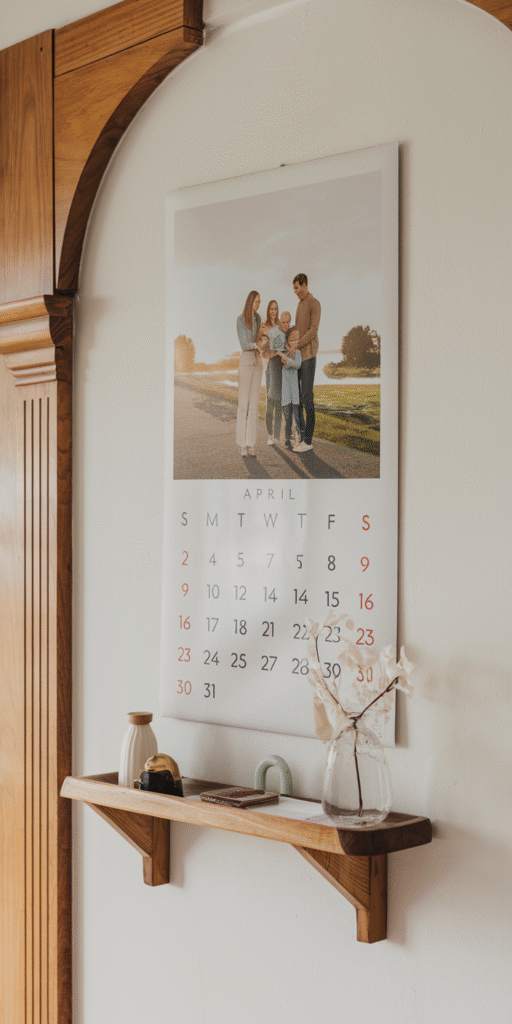 Mother's day gift ideas including a Personalized calendar with family photos displayed on a wall.