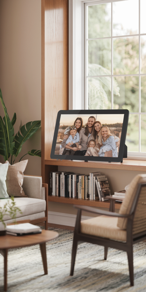 Mother's Day Gift Ideas including  A digital photo frame displaying family pictures in a cozy living room setting.