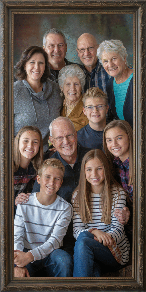 Mother's Day Gift Ideas including A colorful, framed illustration of a family, including grandmothers, grandfathers, father, mother and five children, three girls and two boys.