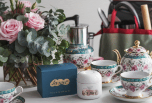 An attractive table of mothers day gift ideas including flower arrangement, luxury "la mer" skin care, an elegant teapot and cups, a gardening kit - tools in a bag, a coffee plunger and attractive mugs
