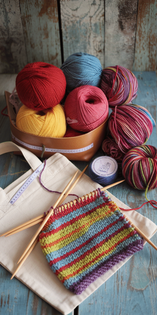 Mother's day gift ideas including A knitting kit with balls of different colored wool, knitting needles, a tape measure, a knitted scarf in progress on needles and a knitting tote bag