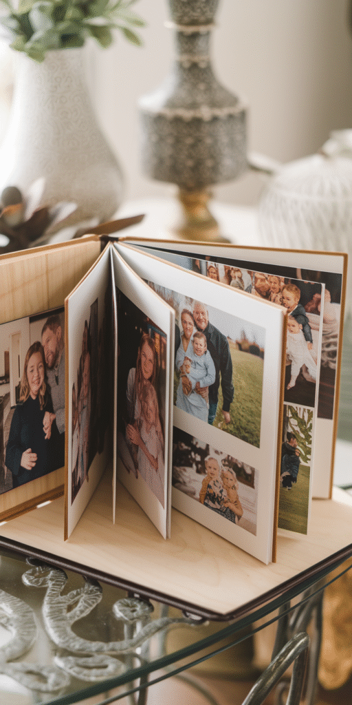 Mother's Day Gift Ideas including A custom photo album opened to display family photos, surrounded by decorative elements.