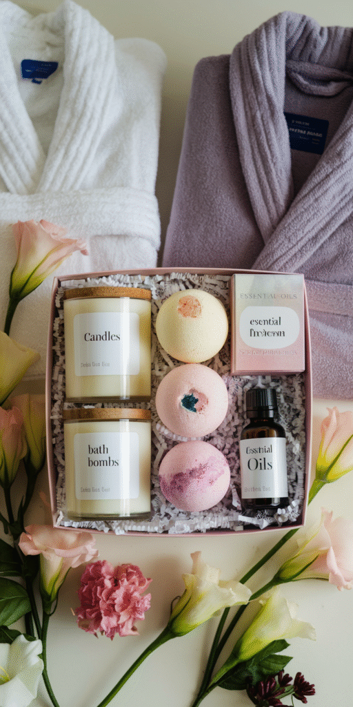 Mother's day gift ideas A beautifully arranged spa gift box with candles, bath bombs, and essential oils, surrounded by flowers and bath robes.