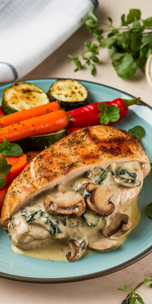 Creamy Mushroom and Spinach Stuffed Chicken served on a plate with carrots peppers and zucchini