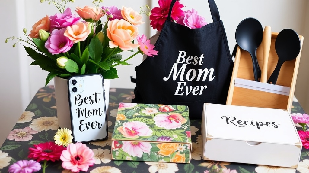 Mother's Day Gifts on an attractive table with flowers including Decorative Plant Arrangement in a pot, a smart phone cover with "Best Mom Ever" on it, an apron with "Best Mom Ever" on it, and a closed box with "Recipes" written on it, and a cooking utensil set