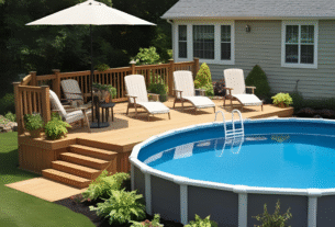 Above Ground Pool Ideas showing a pool with raised deck and steps with loungers and landscaping