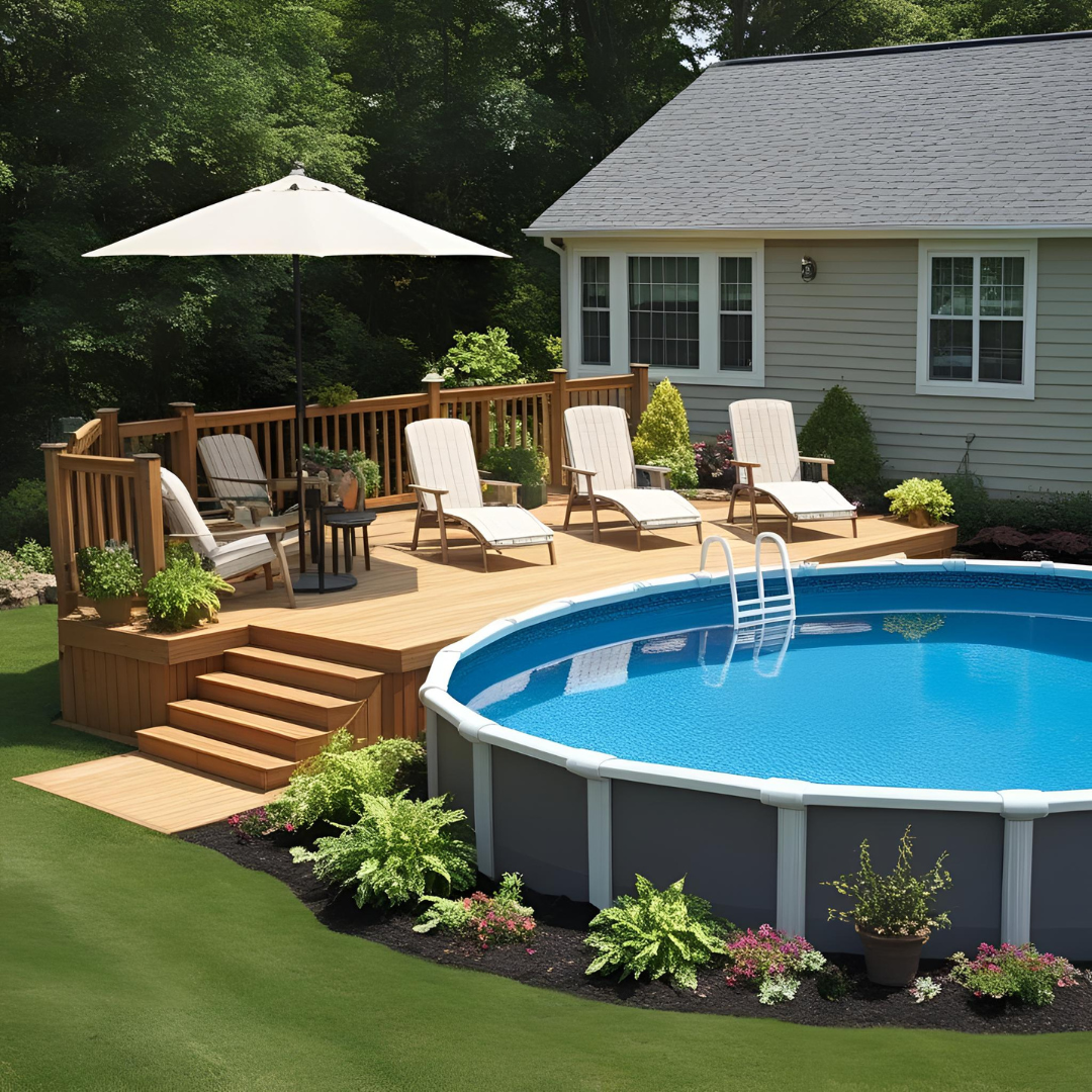 Above Ground Pool Ideas showing a pool with raised deck and steps with loungers and landscaping