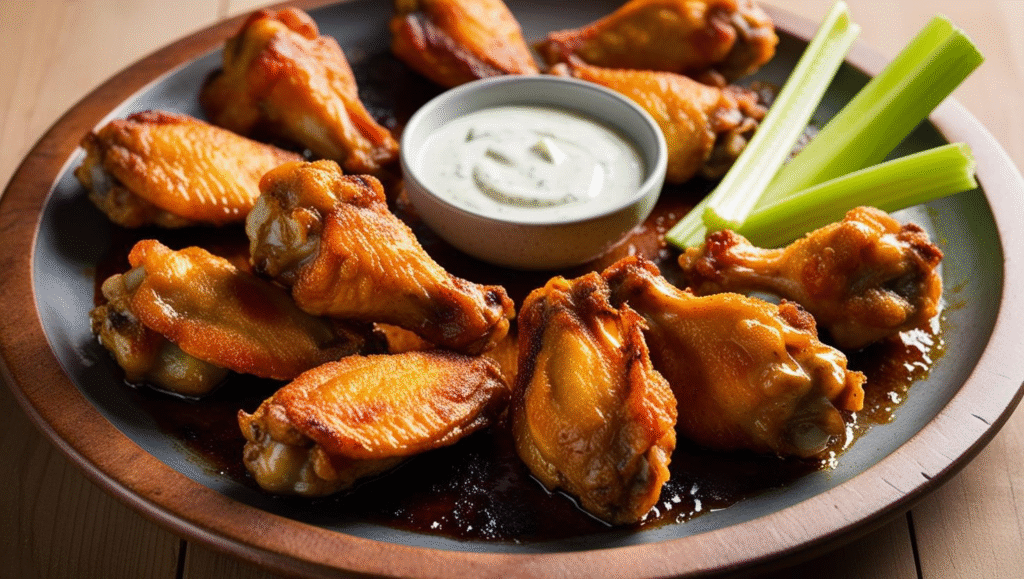 Low Carb Air Fryer Crispy Chicken Wings arranged in a circle on a plate with celery and low carb dipping sauce
