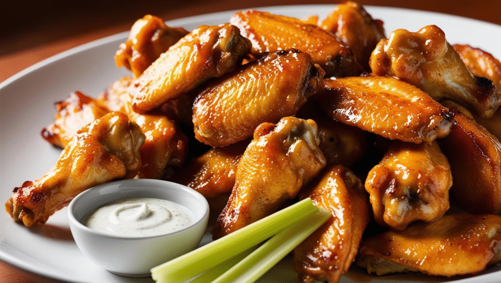 Low Carb Air Fryer Crispy Chicken Wings arranged  on a plate with celery and low carb dipping sauce