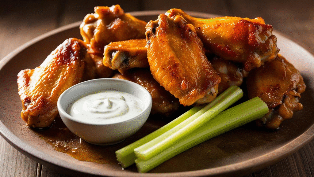 Low Carb Air Fryer Crispy Chicken Wings arranged in a circle on a plate with celery and low carb dipping sauce