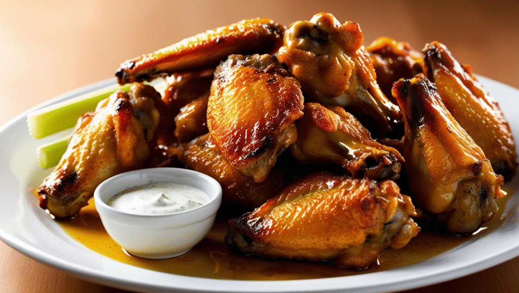 Low Carb Air Fryer Crispy Chicken Wings Recipe showing sizzling juicy Low Carb Air Fryer Crispy chicken wings on a plate with ranch dressing and celery sticks.