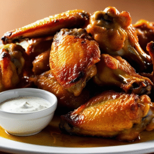 Low Carb Air Fryer Crispy Chicken Wings Recipe showing sizzling juicy Low Carb Air Fryer Crispy chicken wings on a plate with ranch dressing and celery sticks.