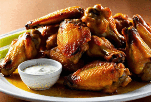 Low Carb Air Fryer Crispy Chicken Wings Recipe showing sizzling juicy Low Carb Air Fryer Crispy chicken wings on a plate with ranch dressing and celery sticks.