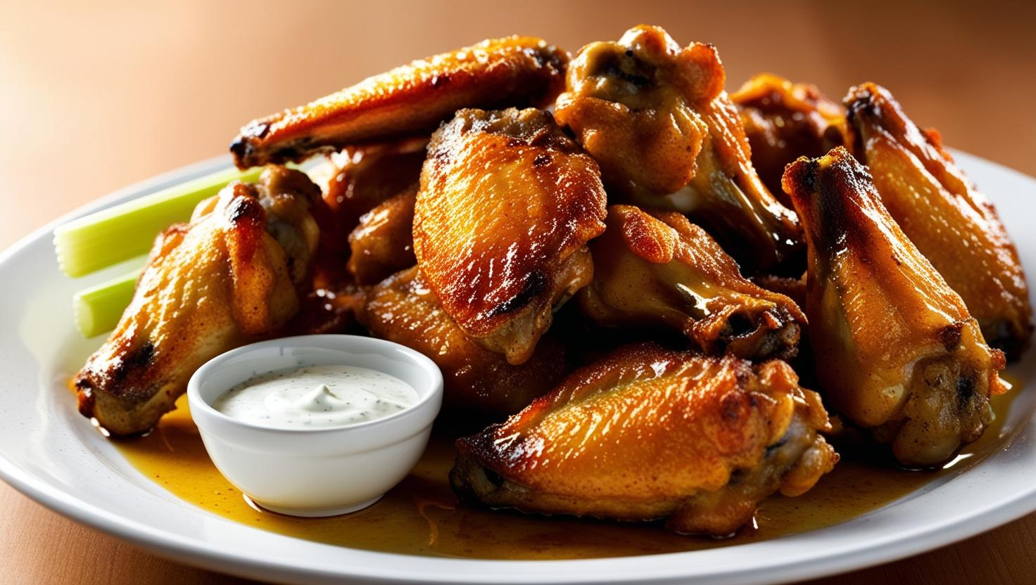 Low Carb Air Fryer Crispy Chicken Wings Recipe showing sizzling juicy Low Carb Air Fryer Crispy chicken wings on a plate with ranch dressing and celery sticks.