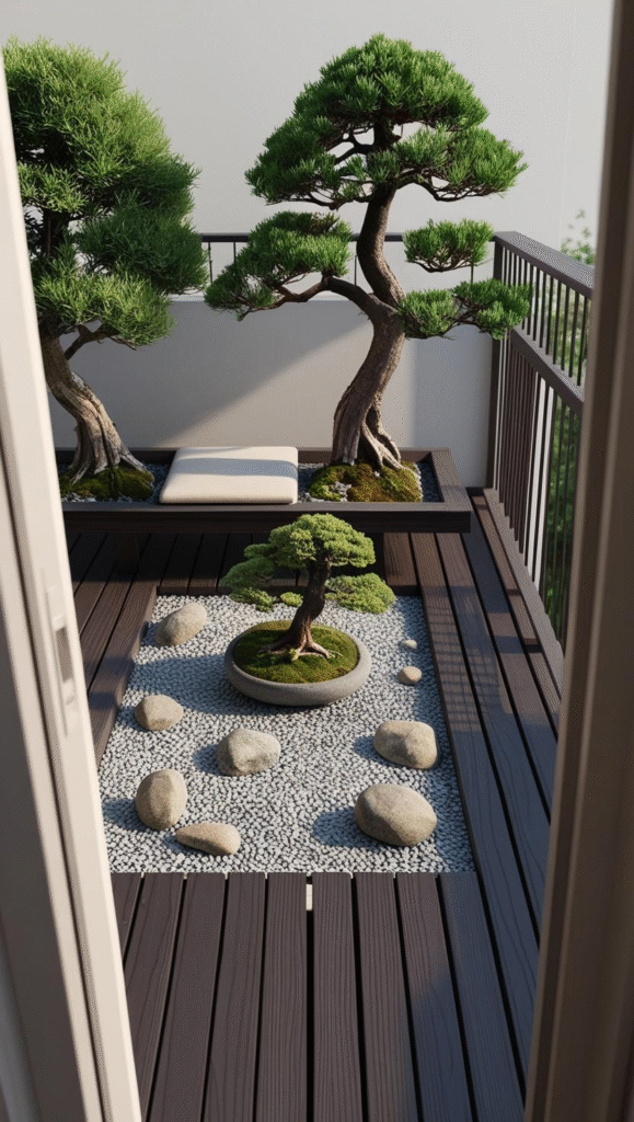 Small balcony garden ideas including a  minimalist Zen garden on a balcony with smooth stones and various plants.