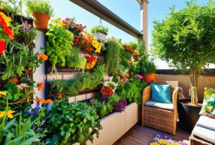 A small balcony garden featuring a lush vertical garden overflowing with colorful flowers and aromatic herbs, a potted tree providing shade, and comfortable seating for two. The scene is bathed in sunlight, showcasing vivid colors and high contrast, with photorealistic details and striking visuals. The composition is framed to emphasize the verticality of the garden and the intimacy of the seating area.