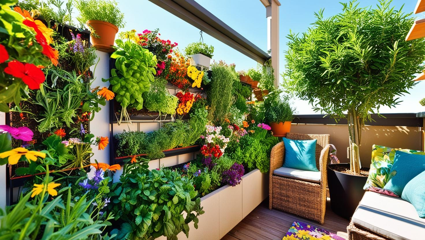 A small balcony garden featuring a lush vertical garden overflowing with colorful flowers and aromatic herbs, a potted tree providing shade, and comfortable seating for two. The scene is bathed in sunlight, showcasing vivid colors and high contrast, with photorealistic details and striking visuals. The composition is framed to emphasize the verticality of the garden and the intimacy of the seating area.