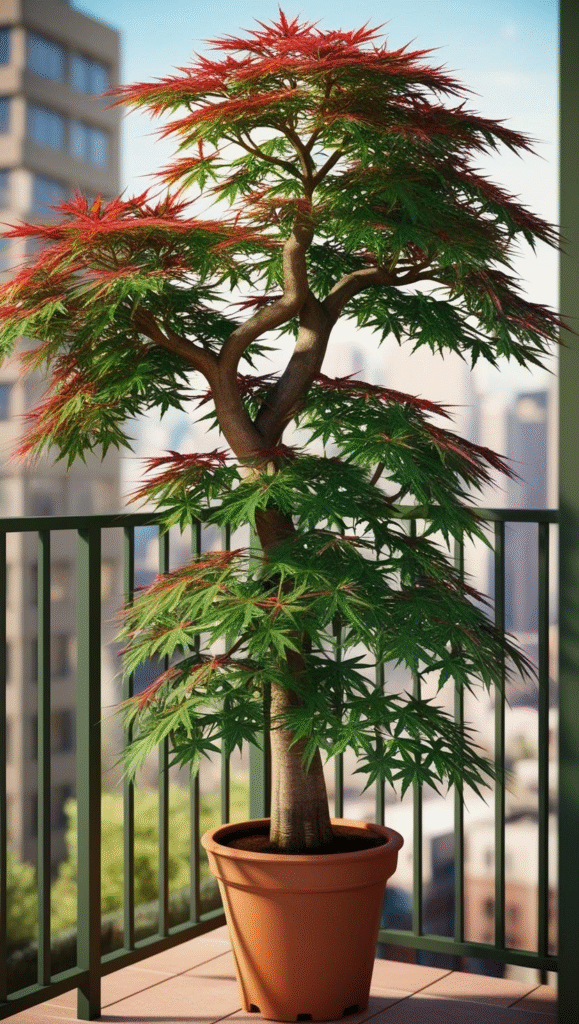 Small Balcony Garden ideas including a vibrant green potted Japanese maple tree, its branches reaching upwards, overflowing from a terracotta pot on a small, sun-drenched balcony overlooking a cityscape.  The leaves are a rich, deep green with hints of red, sharply detailed against a slightly blurred background.